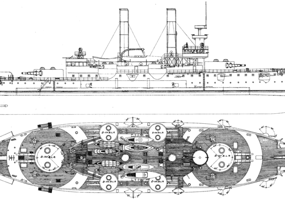 Боевой корабль USS BB-4 Iowa 1898 ([Battleship) - чертежи, габариты, рисунки